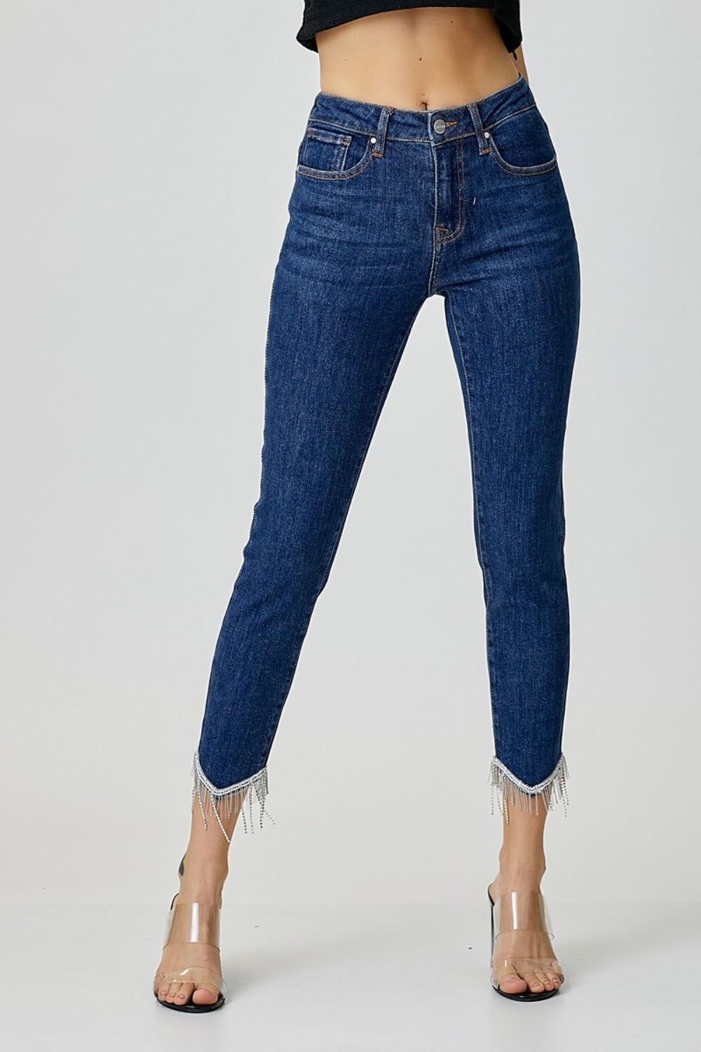 RISEN Dark Washed Embellished Mid Rise Crop Skinny Jeans Dark Trendsi