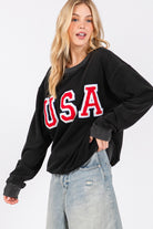 SAGE + FIG Mineral Washed USA Letter Patch Round Neck Sweatshirt in Black Shirts & Tops