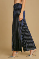 Umgee Navy Elastic Waist Striped Wide Leg Velvet Pants Pants