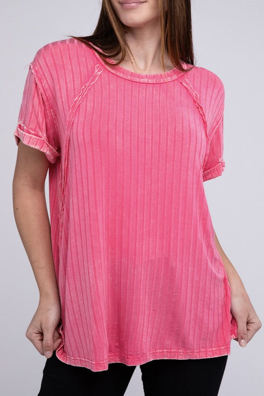 Zenana Ribbed Raglan Dolman Sleeve Boat-Neck Top FUCHSIA ZENANA