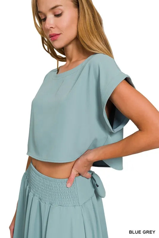 Zenana Blue Gray Heavy Woven Span Crop Tee & Skirt Set