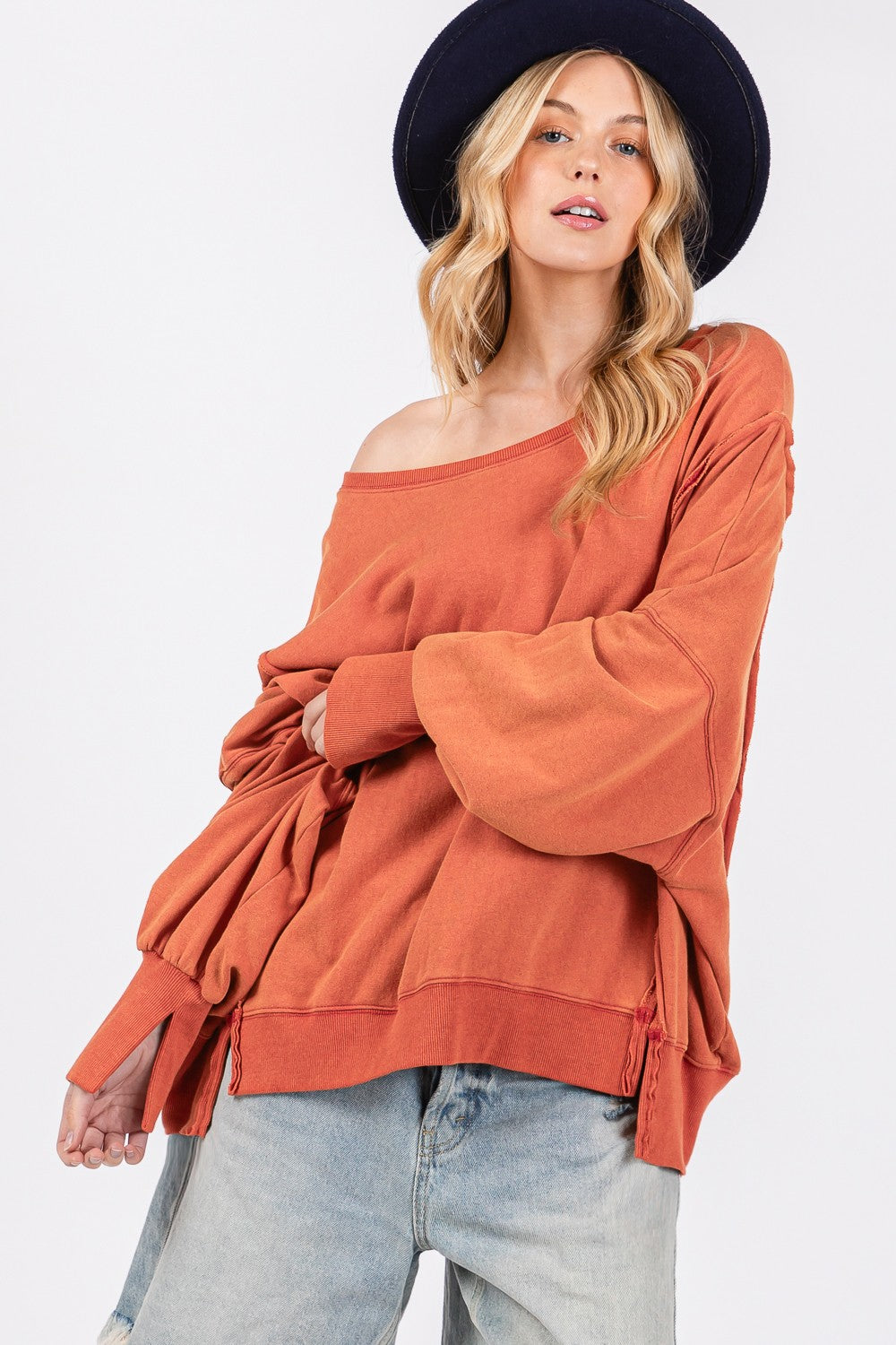 SAGE + FIG Amber Mineral Washed Side Slit Oversized Sweatshirt Trendsi