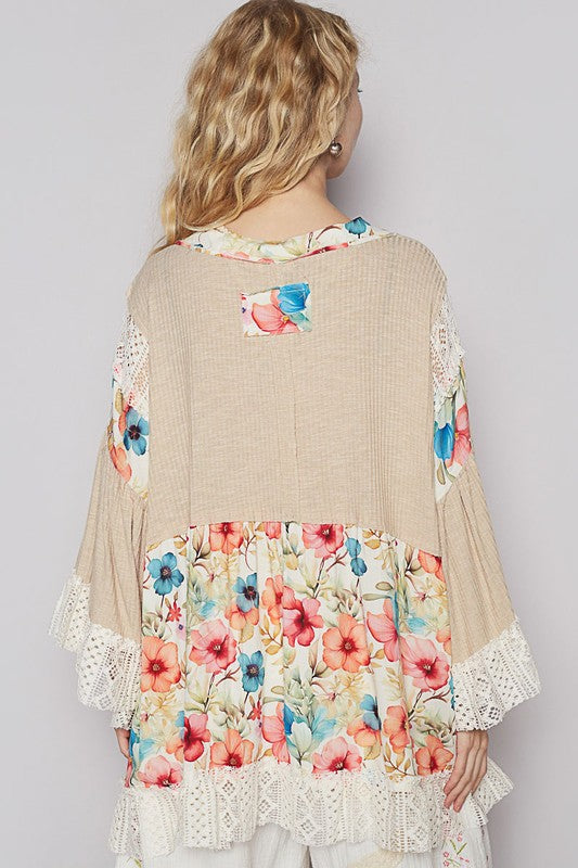 POL Floral Crochet Detail Open Front 3/4 Sleeve Cardigan