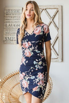 Heimish Navy Ruched Floral Asymmetrical Mini Dress