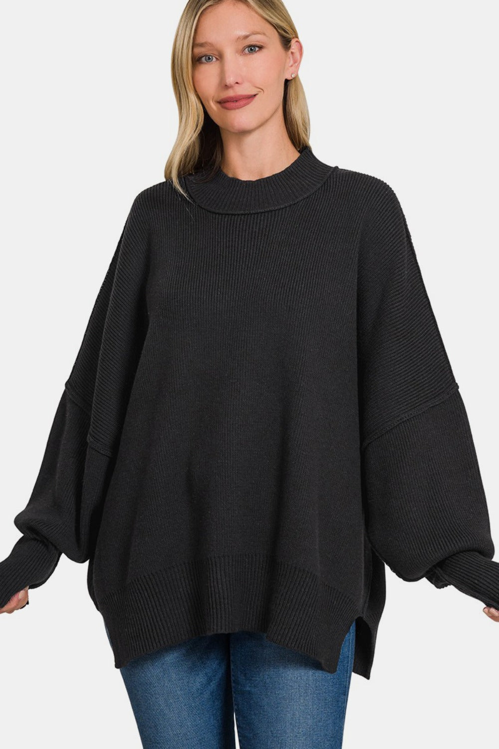 Zenana Black Side Sit Oversized Sweater Black Shirts & Tops