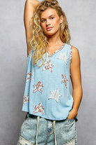 POL Powder Blue Washed Ribbed V-Neck Tank with Floral Print Star Patch