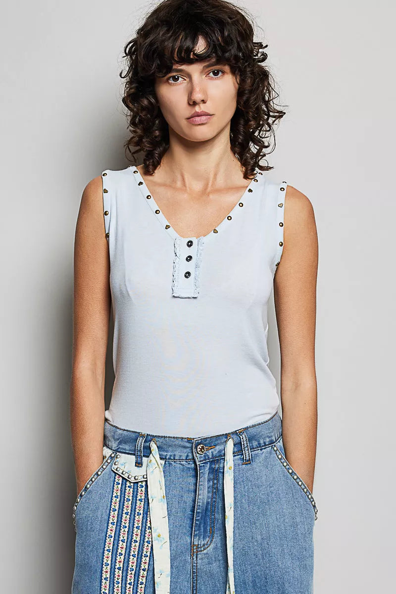 POL Studded Trim Button-Front Ruffle Detail Tank BABY BLUE