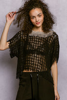 POL Black Textured Raw Hem Round Neck Short Sleeve Top