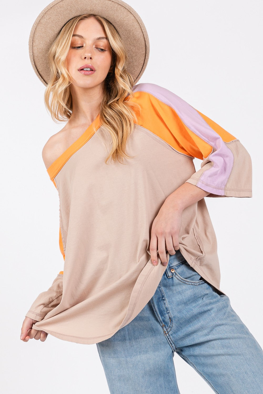 SAGE + FIG Latte Color Block Curved Hem T-Shirt Latte Trendsi