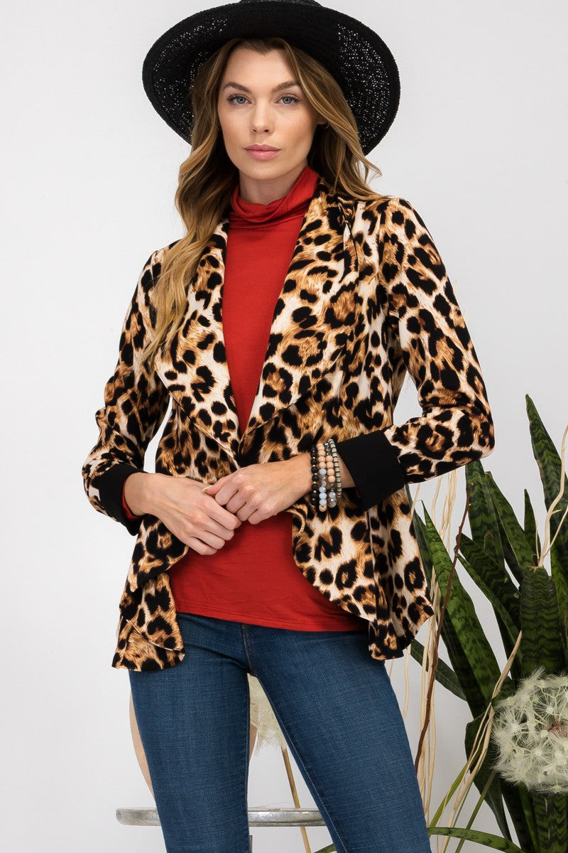 Celeste Leopard Open Front Long Sleeve Blazer Leopard Trendsi