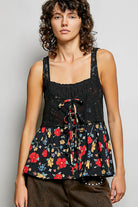 POL Black Ribbed Sleeveless Top with Lace Bust Floral Woven Patch BLACK
