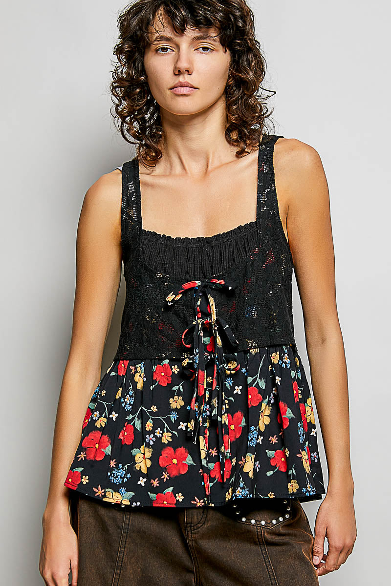 POL Black Ribbed Sleeveless Top with Lace Bust Floral Woven Patch BLACK