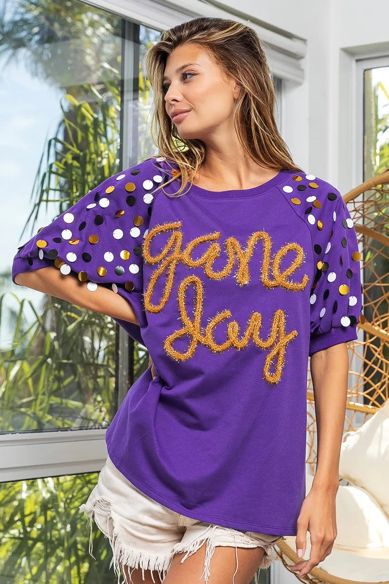 BiBi Purple & Gold Game Day Metallic Letter Spangle Sleeve Top PURPLE GOLD