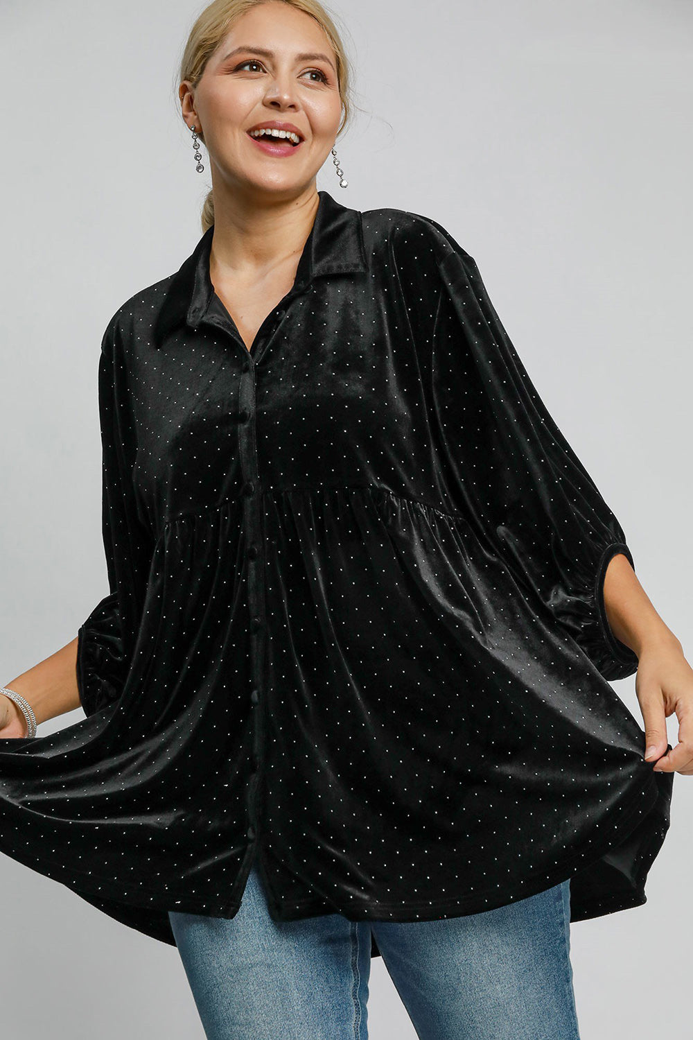 Umgee Black Velvet Beaded Button Up Half Sleeve Tunic