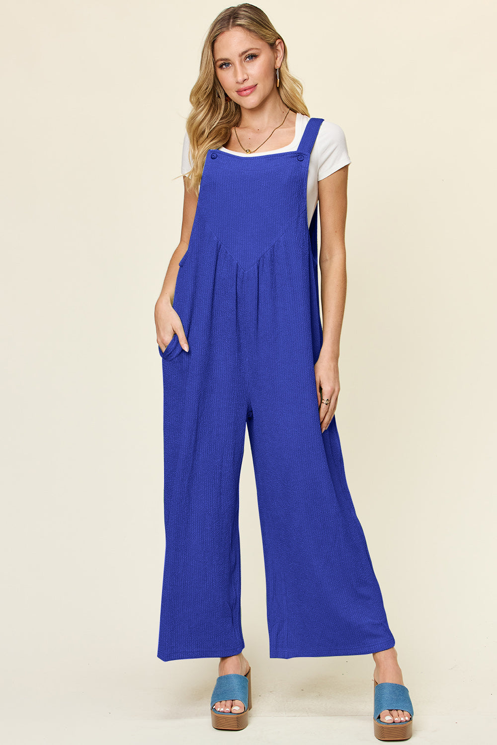 Preorder: Double Take Textured Sleeveless Wide Leg Overalls Royal Blue Trendsi