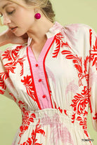 Umgee Tomato Tropical Print Button Detail Midi Dress
