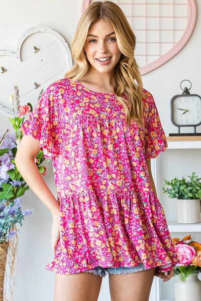 Heimish Ruffled Short Sleeve Floral Tiered Blouse