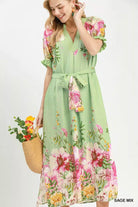 Umgee Mix Floral Border Print Midi Dress SAGE MIX