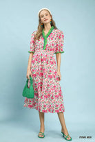Umgee Pink Mix Floral Ruffle Trim Tiered Midi Dress