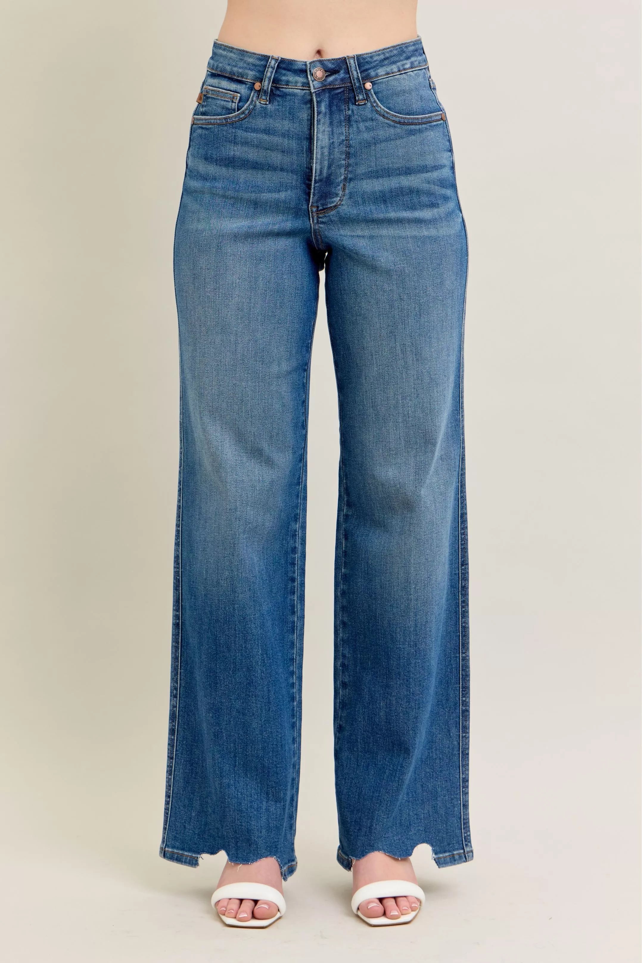 Judy Blue Medium Washed High Waist Tummy Control Chew Hem Destroyed Wide Jeans MD