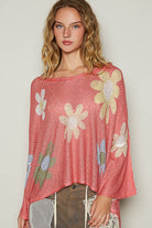 POL Burnt Coral Flower Dropped Shoulder Long Sleeve Knit Top Burnt Coral Shirts & Tops