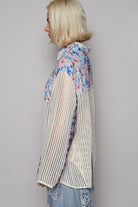POL Long Sleeve Crochet Floral Print Slit Back Plaid Patchwork Shirt