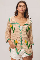 BiBi Edge Stitched Cactus Patch Sweater Cardigan in Oatmeal Oatmeal Green Trendsi