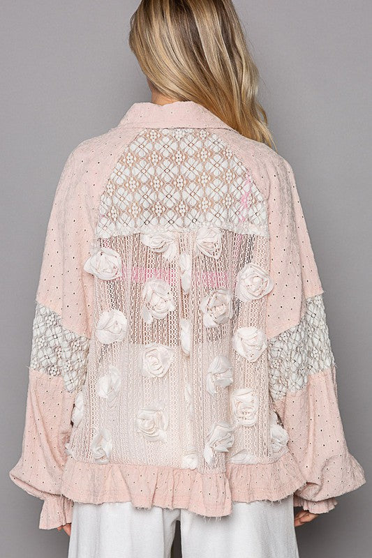 POL Eyelet Flower Pearl Detail Lace Patchwork Shirt in Strawberry Yogurt Shirts & Tops