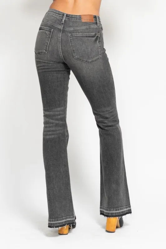 Judy Blue Gray Midi Rise Tummy Control Washed Gray Release Hem Flare Jeans