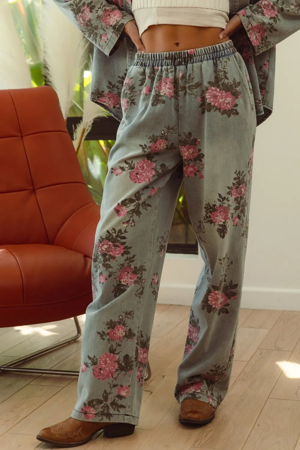 BiBi Flower Printed Denim Pants DENIM