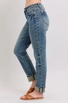 Judy Blue Mid Rise Vintage Wash Double Roll Cuff Boyfriend Jeans