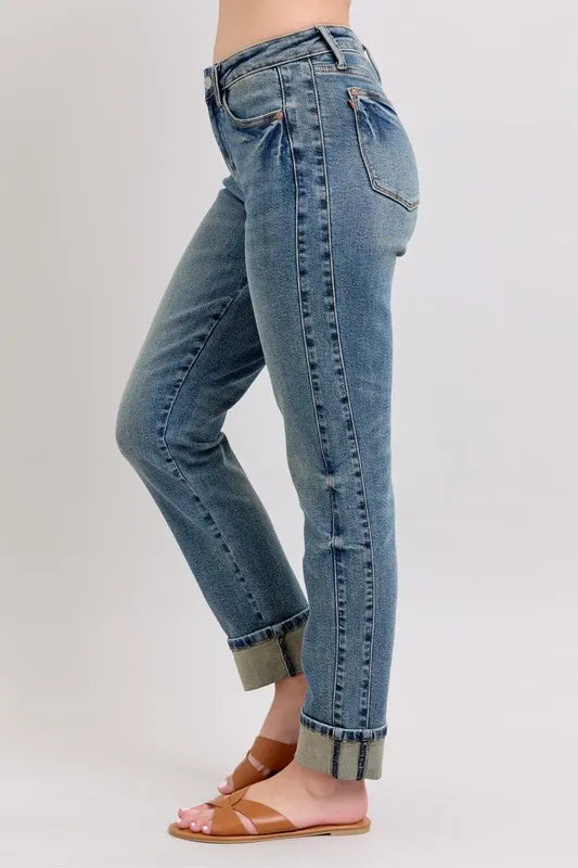 Judy Blue Mid Rise Vintage Wash Double Roll Cuff Boyfriend Jeans