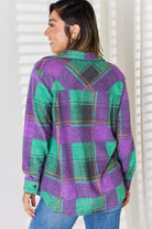 Zenana Green & Purple Plaid Button Up Long Sleeve Shacket Trendsi