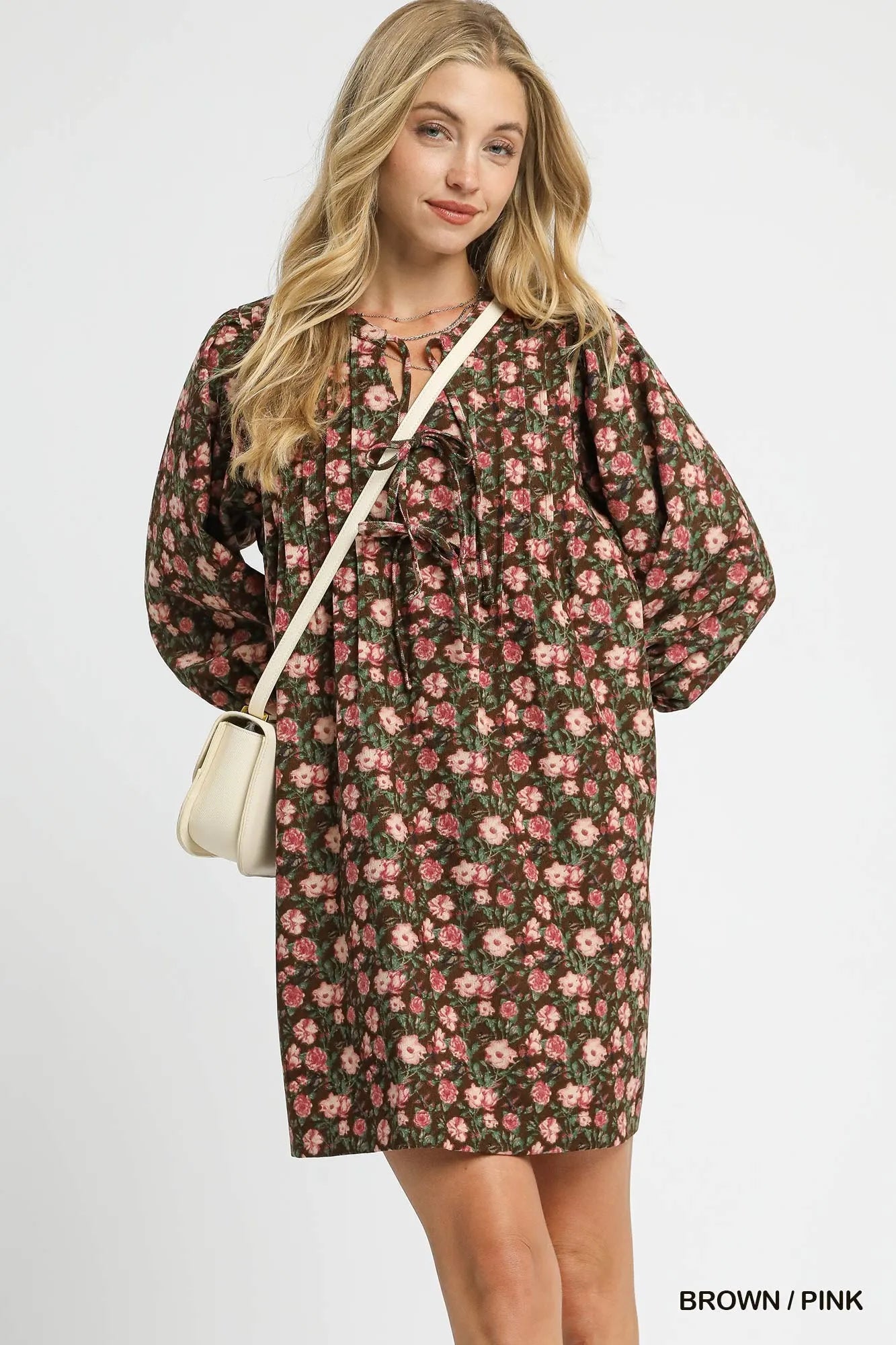 Umgee Brown & Pink Floral Tie-Neck Babydoll Dress BROWN PINK