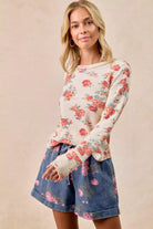 BiBi Oatmeal Floral Print Washed Waffle Thermal Top With Thumb