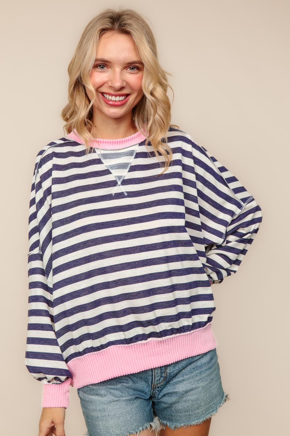 Haptics Navy & Pink Crew Neck With Triangle Detail Drop Shoulder Loose Fit Oversized Long Sleeve Color Block Stripe French Terry Pullover