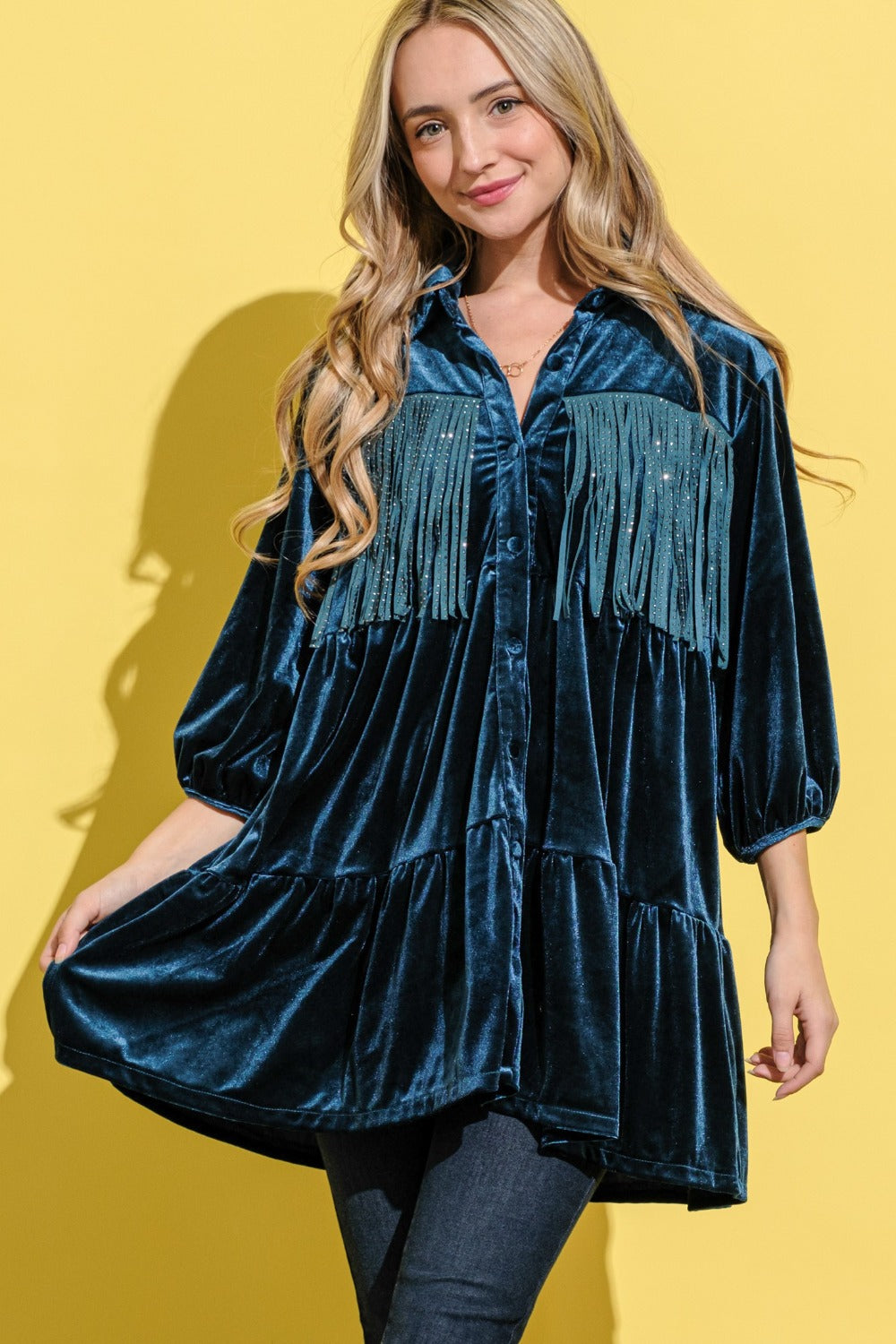 And The Why Teal Fringe Detailed Velvet Shirt Dress Teal Trendsi