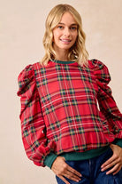 BiBi Christmas Plaid Exaggerated Shoulder Sleeves Top