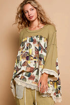 POL Moss Green Bohemian Geometric Print Long Sleeve Top with Lace Trim MOSS GREEN