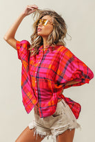 BiBi Fuchsia Button Up Dolman Sleeve Plaid Shirt Trendsi