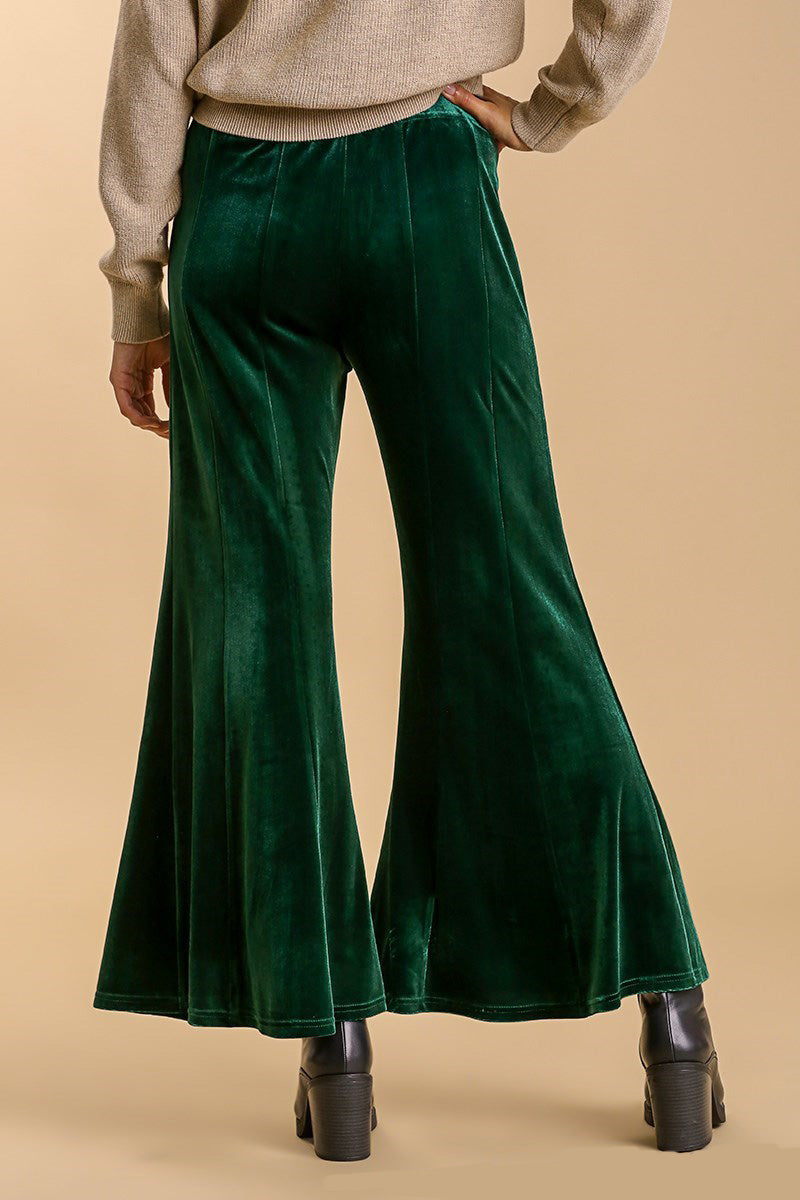 Umgee Dark Green Velvet High Rise Elastic Waist Flare Pants Pants