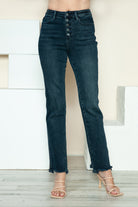 Judy Blue Dark Washed Button Fly Destroy Hem Straight Jeans Trendsi