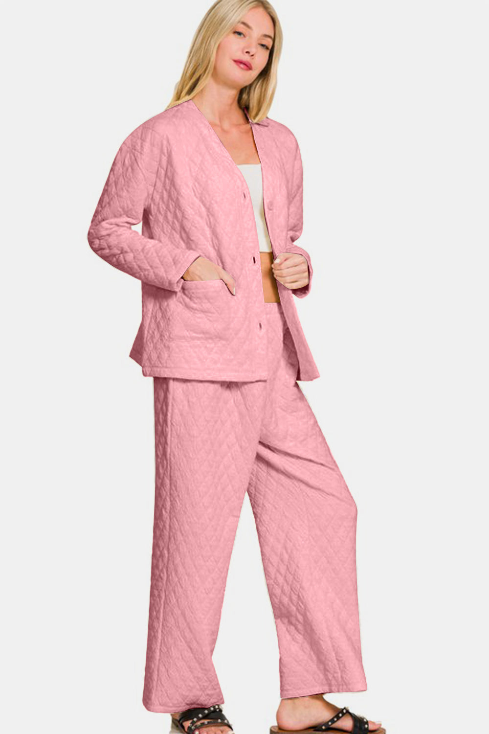 Zenana Dusty Pink Quilted Button Up Long Sleeve Top and Pants Lounge Set