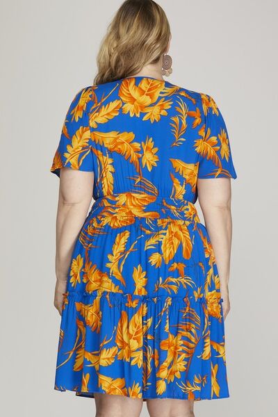 She + Sky Royal Blue Printed Notched Short Sleeve Frill Tiered Dress Plus Size