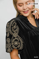 Umgee Black Velvet Embroidered Sleeve Blouse Plus Size