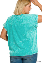 Zenana Light Teal Crinkle Washed Round Neck Folded Short Sleeve Tee