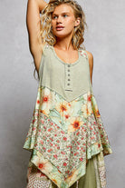 POL Powder Olive Round Neck Ribbed Tank with Woven Print Patch POWDER OLIVE