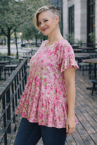 Haptics Fuchsia Frill Hem Babydoll Tiered Swing Floral Top