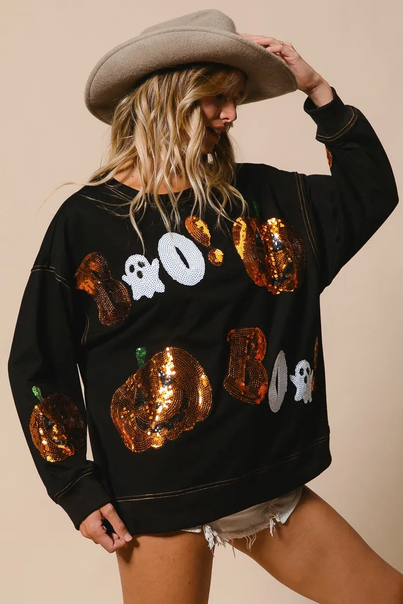 BiBi Black Halloween Theme Sequin Embroideries Sweatshirt