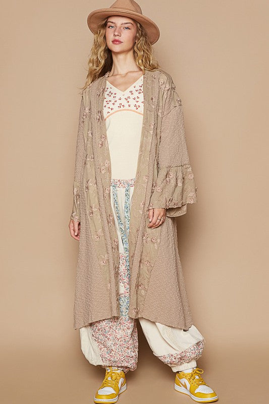 POL Flower Lace Trim Open Front Longline Cardigan in Khaki Shirts & Tops